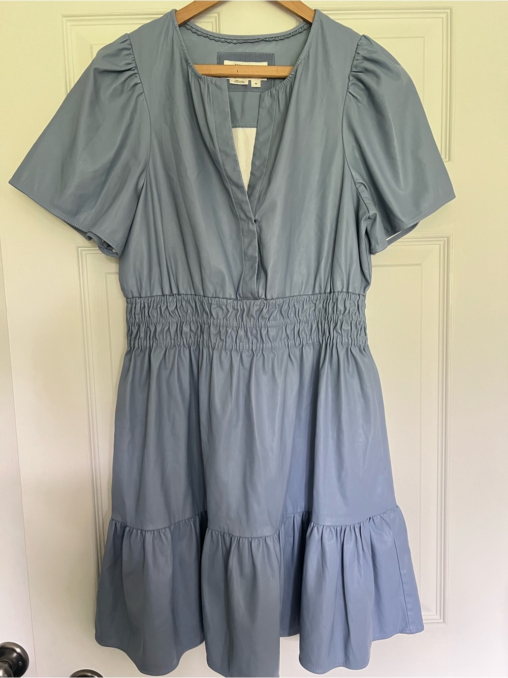 Anthropologie Periwinkle Blue Faux Leather Short Sleeve Smocked-Waist Dress- M
